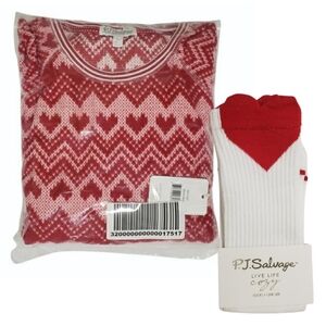 PJ Salvage Fair Isle Hearts Thermal Velour Pajama Set Medium Brick Red & Socks ❤